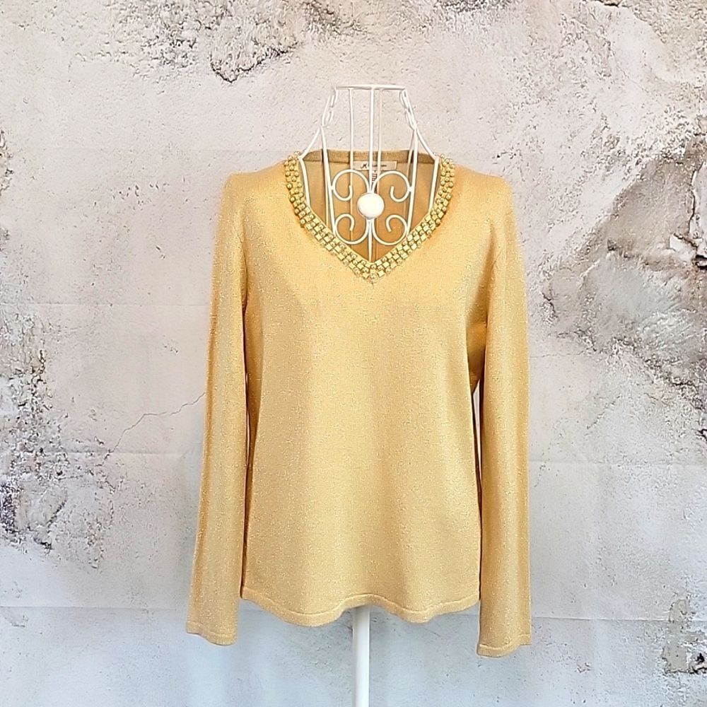 JM Collection gold shimmer v-neck sweater  with pearl accent Women's Size S